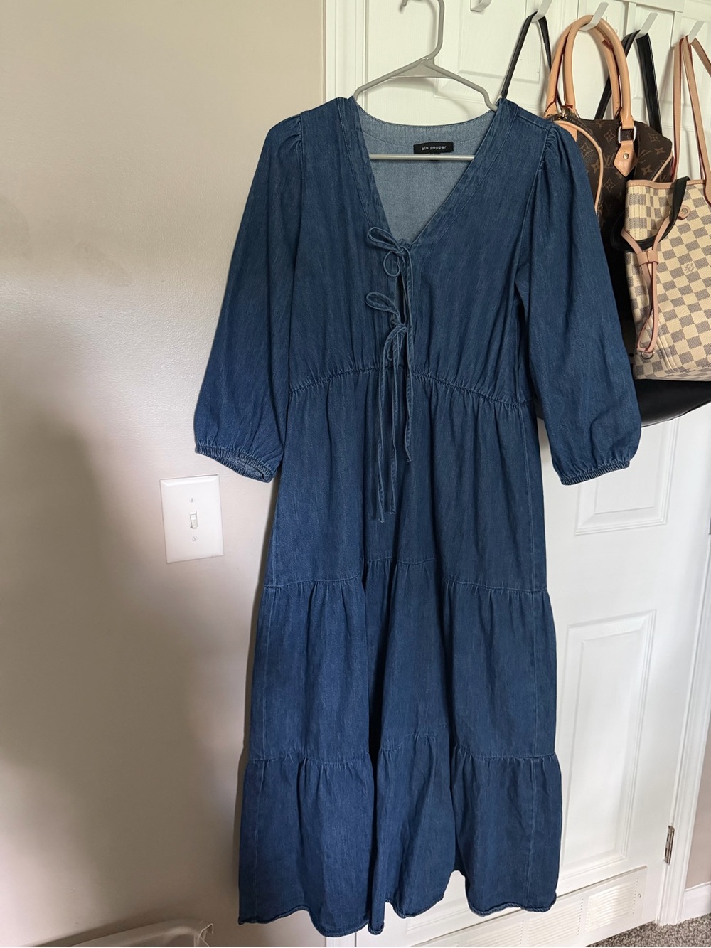 Denim Tie-Front Tiered Midi Dress - Blue - Picture 3 of 4
